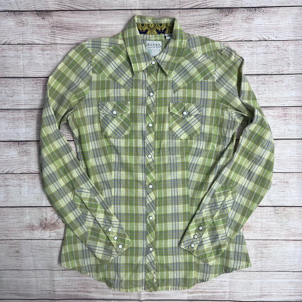 Roper Western Plaid Pearl Snap Shirt Size M Green Blue White Vintage‎